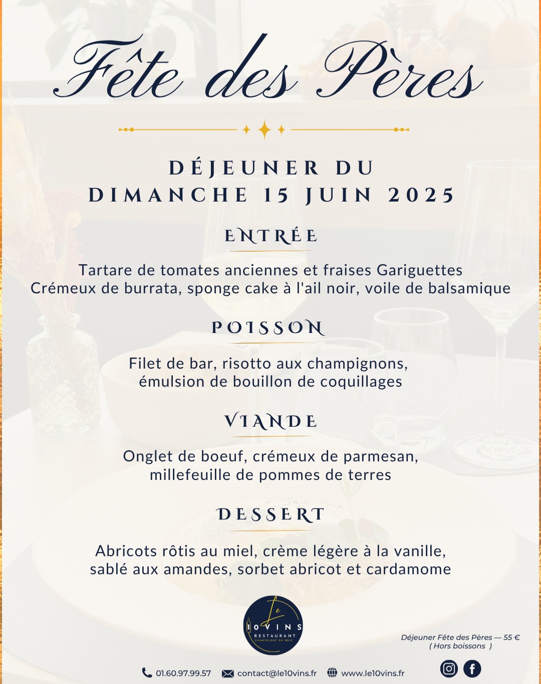 🎩 Fête des Pères – L’élégance servie à table
Et si, cette année, vous lui offriez plus qu’un cadeau ?
Un instant suspendu. Un déjeuner pensé avec soin.
Des accords mets-vins délicats. Des émotions à savourer... 🍷✨
Le 15 juin, Le 10 Vins vous accueille dans son écrin intimiste pour célébrer les papas comme ils le méritent :
avec goût, générosité et raffinement.
📍 Chanteloup-en-Brie (77), à deux pas de Marne-la-Vallée.
🚗 Parking gratuit sur place
📅 Réservez dès maintenant. Créez le souvenir.
🔗 Le lien est en bio.
#fetedesperes2025 #le10vins #restaurantchic #accordsmetsvins #marnelavallee