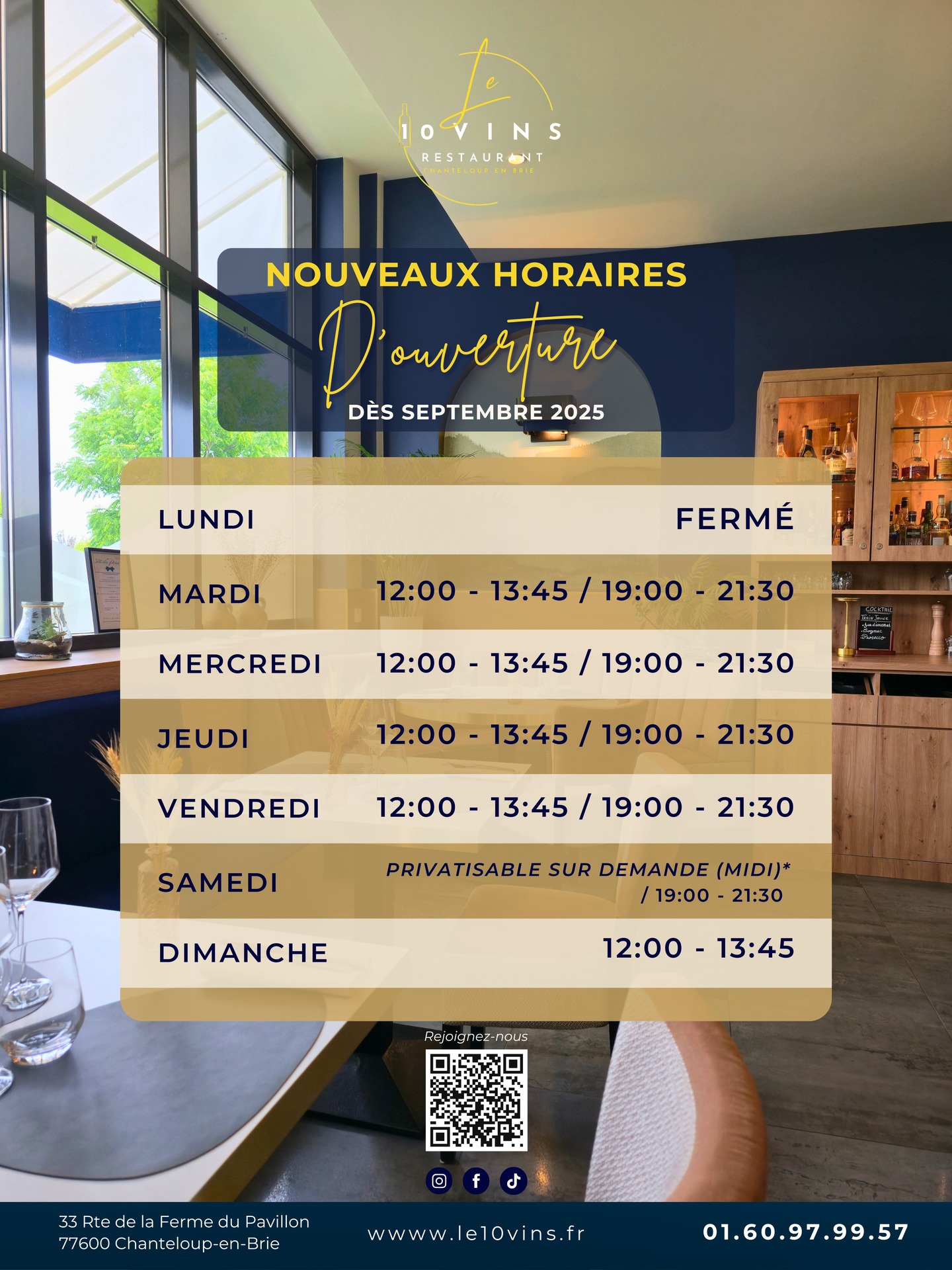 📣 Nouveaux horaires dès septembre 2025
À partir de la rentrée, notre organisation évolue légèrement… pour mieux vous accueillir.
✨ Nouveauté : nous serons désormais ouverts le dimanche midi , l’occasion idéale pour prolonger votre week-end autour d’un beau déjeuner.
📌 Le service du samedi midi sera désormais réservé aux groupes et événements privés.
Les autres horaires restent inchangés.
On vous attend pour une nouvelle saison gourmande et toujours pleine de belles surprises en accords mets & vins.
📍 Chanteloup-en-Brie
📞 01 60 97 99 57
📧 contact@le10vins.fr
📲 @le10vinsrestaurant
🔗 Menu & réservation : lien en bio
#le10vinsrestaurant #chanteloupenbrie #valdeurope #restaurant77 #accordmetsvins